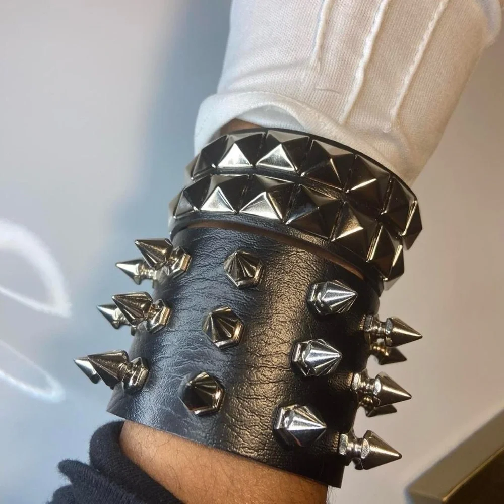 2 pcs Gothic Spiked studded faux leather punk bracelet emo Rivets